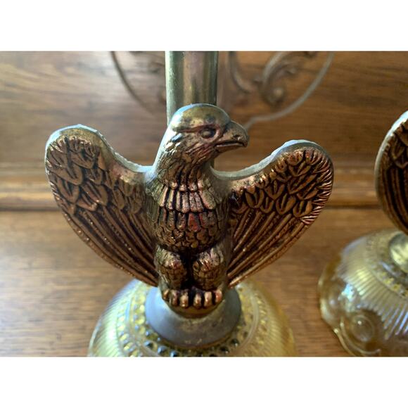 RARE Vintage Mid Century EAGLE Depression Glass & BRASS Candlesticks AMERICANA - Picture 9 of 14